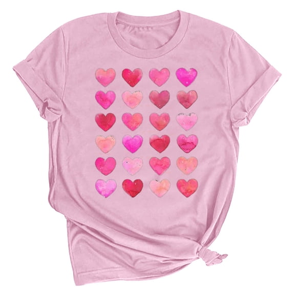 Tbopshirt Valentine's Day T-Shirts for Women Short Sleeve Graphic Tees, Printing Love Heart Round Neck Plus Size Womens Tops S-XXXL