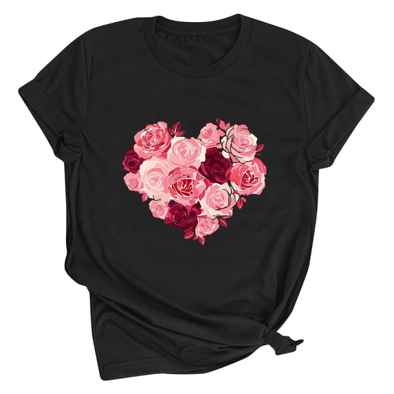 Tbopshirt Valentine's Day T-Shirts for Women Short Sleeve Graphic Tees, Printing Love Heart Round Neck Plus Size Womens Tops S-XXXL