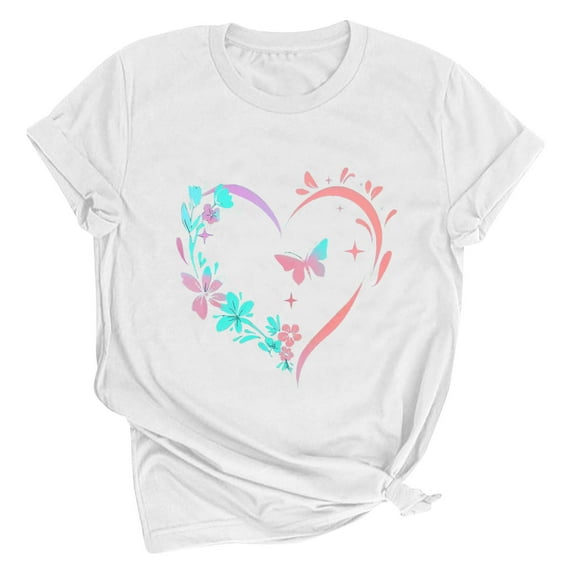 Tbopshirt Valentine's Day T-Shirts for Women Short Sleeve Graphic Tees, Printing Love Heart Round Neck Plus Size Womens Tops S-XXXL