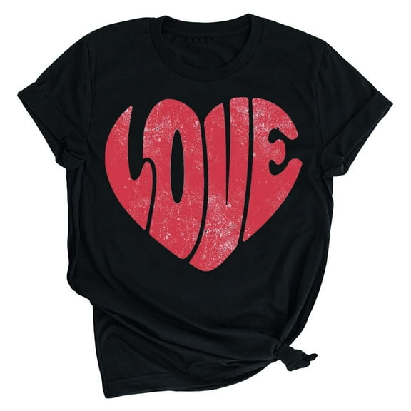 Tbopshirt Valentine's Day T-Shirts for Women Short Sleeve Graphic Tees, Printing Love Heart Round Neck Plus Size Womens Tops S-XXXL
