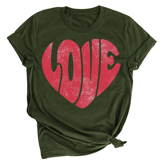 Tbopshirt Valentine's Day T-Shirts for Women Short Sleeve Graphic Tees, Printing Love Heart Round Neck Plus Size Womens Tops S-XXXL