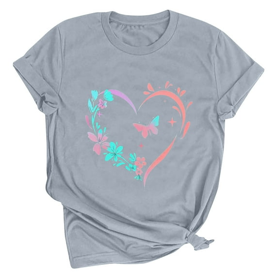 Tbopshirt Valentine's Day T-Shirts for Women Short Sleeve Graphic Tees, Printing Love Heart Round Neck Plus Size Womens Tops S-XXXL