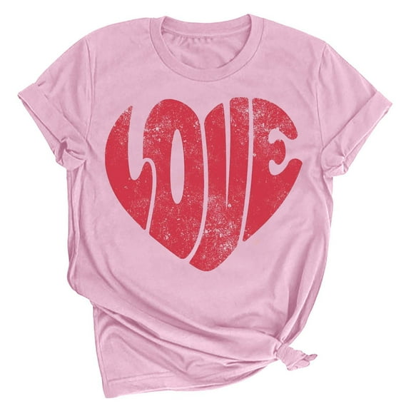 Tbopshirt Valentine's Day T-Shirts for Women Short Sleeve Graphic Tees, Printing Love Heart Round Neck Plus Size Womens Tops S-XXXL