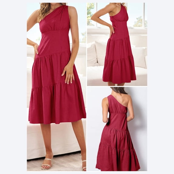 Tbopshirt Wedding Guest Dresses for Women Summer Casual One Shoulder Sloping Shoulders Sleeveless Solid Color Ruffle Hem Flowy Pleated Long Dress