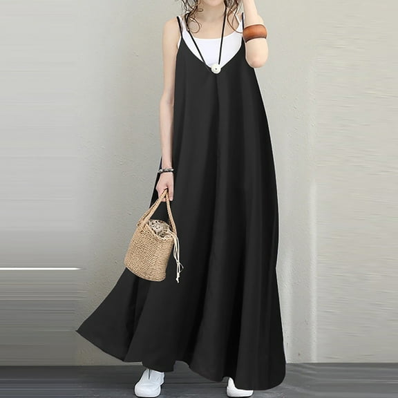 Tbopshirt Wedding Guest Dresses for Women,Summer Dresses For Women Solid Color Sleeveless V Neck Dress Loose Dresses