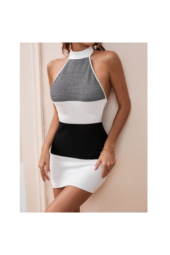 Wedding Guest Dresses for Women Summer Tight Temperament Open Back Hanging Neck Knitted Contrast Color Dress