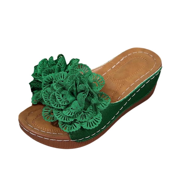 Tbopshirt Wedge Sandals Open Toe Flower Mid Heels Solid Color Comfortable Dressy Summer Slippers with Arch Support for Women