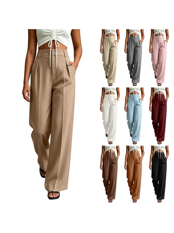 Women Dress Pants Work Pants High Waist Pleated Wide Leg Solid Front Crease Straight Suit Trousers with Side Pockets for Business Casual Official,Beige,S-XXL