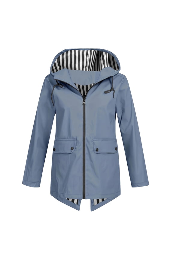 Women Hooded Waterproof Rain Jacket with Striped Lining Coat Tops Irregular Split Back Hem Mid-Length Windproof Coat Dual Snap Flap Pocket Outdoor Windbreaker