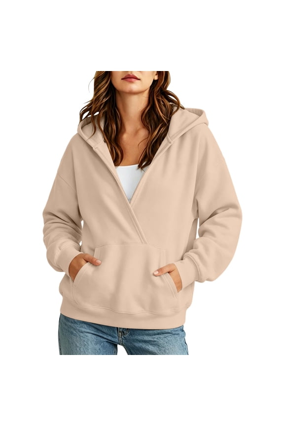 Women Hoodies Oversized Wrap V-Neck Hoodie Long Sleeve Drop Shoulder Pullover Hooded Sweatshirt for Women with Kangaroo Pocket Cozy Relaxed Fit Casual Fall Winter Loungewear,S-XXL