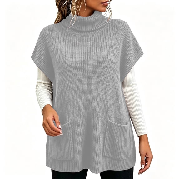 Tbopshirt Women Sleeveless Sweater Vest Turtleneck Oversized Pullover Sweaters with Front Pockets for Fall Winter Casual Outfit Going Out Knit Tops