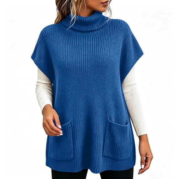 Tbopshirt Women Sleeveless Sweater Vest Turtleneck Oversized Pullover Sweaters with Front Pockets for Fall Winter Casual Outfit Going Out Knit Tops