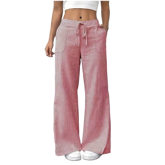 Tbopshirt Women Striped Linen Blend Wide Leg Pants Elastic Drawstring Lace-Up High Waist Pull On Trousers with Pockets for Summer Beach Casual,Red,Size:S-XXL