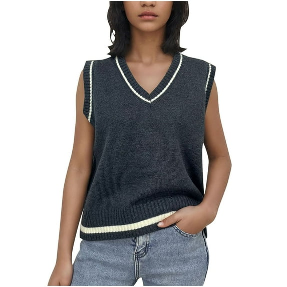 Tbopshirt Women Sweater Vests,Fall Sweaters for Women,Solid Color V-Neck Tank Top Contrasting Sleeveless Sweater