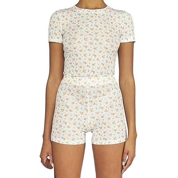 Tbopshirt Women's 2 Piece Outfits 2pc Fashion Women Round-Neck Short Slid Sleeve Shorts Slid Suit Wide Leg Pants