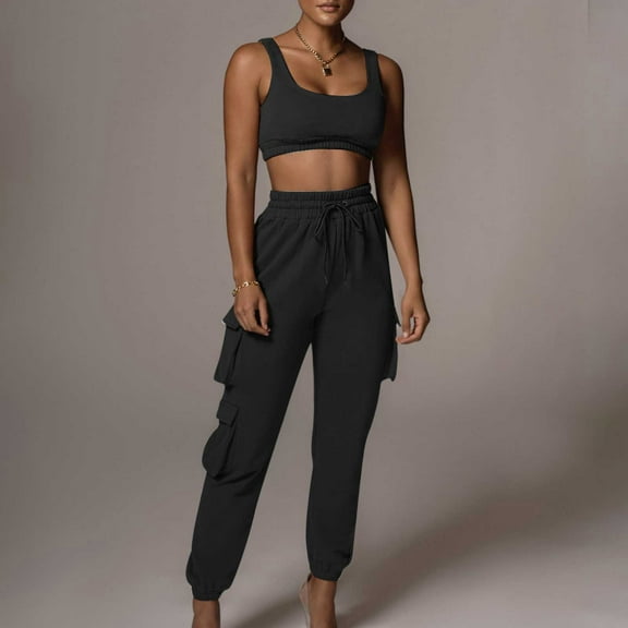 Tbopshirt Women's 2 Piece Outfits Women Casual Summer Round Neck Sleeveless Tops and Long Pants Suit Wide Leg Pants