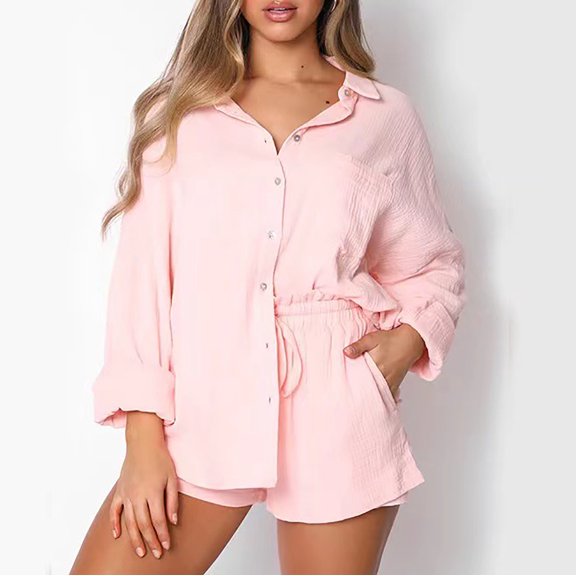 Tbopshirt Women's 2 Piece Outfits Women Casual Summer Solid Long Sleeve Tops and Short Pants Suit Wide Leg Pants