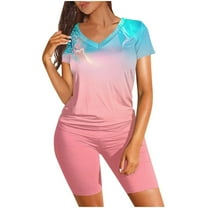 Tbopshirt Women's 2 Piece Outfits Women Two Piece Outfits Biker Set Short Sleeve RoundNeck T Shirt High Waist Shorts Wide Leg Pants