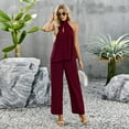 thumbnail image 1 of Tbopshirt Women's 2 Piece Outfits Women's Fashion Casual Spring and Summer Solid Color Round Neck Sleeveless Blouse Tops Wide Leg Pants, 1 of 5