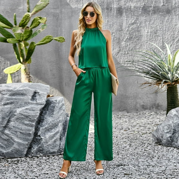 Tbopshirt Women's 2 Piece Outfits Women's Fashion Casual Spring and Summer Solid Color Round Neck Sleeveless Blouse Tops Wide Leg Pants