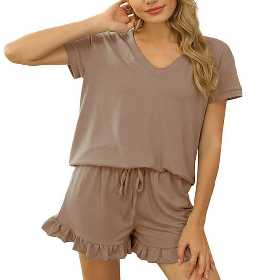 Tbopshirt Women's 2 Piece Outfits Women's Fashion Shorts Two-piece Solid Color Short-sleeved Casual Suit Wide Leg Pants