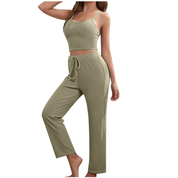 Tbopshirt Women's 2 Piece Outfits Women's Home Wear Casual Solid Color Knitted Suspender Top,Pants,Robe,Pajamas,Three Piece Set Wide Leg Pants