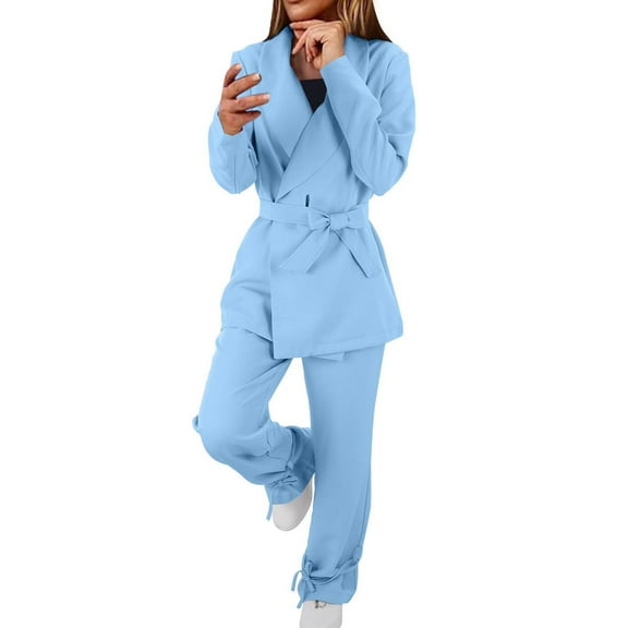 Tbopshirt Women's 2 Piece Outfits Women's Long Sleeve Solid Suit Pants Casual Elegant Business Suit Sets Wide Leg Pants