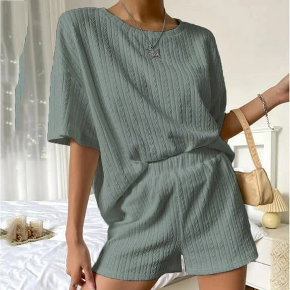 Tbopshirt Women's 2 Piece Outfits Women's Summer Casual Comfortable Loose Version Crewneck Suit Two-Piece Set Wide Leg Pants