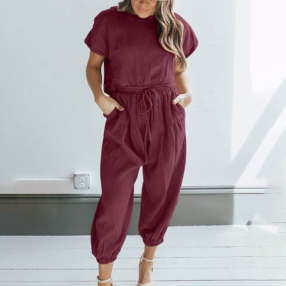Tbopshirt Women's 2 Piece Outfits Women's Two Piece Solid Cotton Linen Short Sleeve Round Neck Open Back Tops and Pants Set Wide Leg Pants