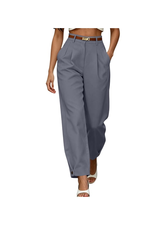Women's Dress Pants Work Pants Suit Pants with Side Pockets High Waist Pleated Straight Leg Solid Button Cuff Hem Business Trousers,Gray,S-XXL