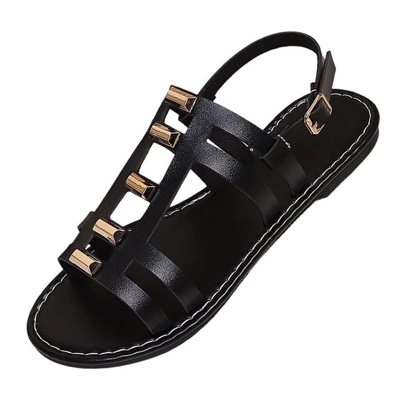 Tbopshirt Women's Sandals Summer Plus Size Open Toe Trendy Comfortable Solid Color Metal Buckle Flat Sandals Beach Vacation