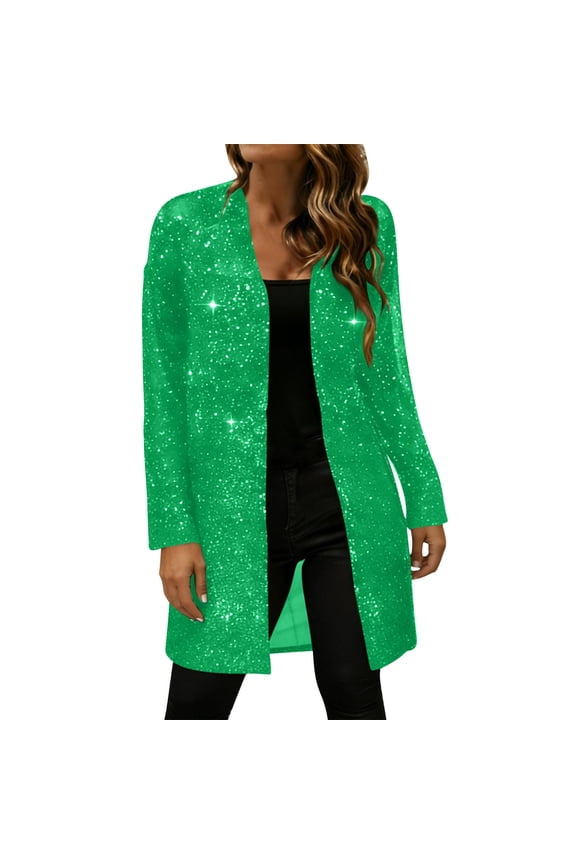 Women's Sequin Long Sleeve Cardigan Open Front Mid Length Sparkly Duster Coat Glitter Party Blouse for Holiday Night Out Clubwear,S-XXL