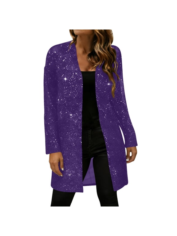Women's Sequin Long Sleeve Cardigan Open Front Mid Length Sparkly Duster Coat Glitter Party Blouse for Holiday Night Out Clubwear,S-XXL