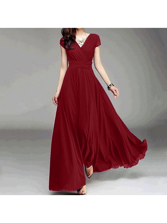 Women's V-Neck Solid Color Short Sleeve Chiffon Waist Closing Evening Plus Size Dresses