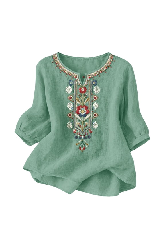 Womens Blouses Summer Tops for Women Embroidered Tops for Women 3/4 Sleeve Boho Linen Shirts Plus Size V Neck Tunic Peasant Clothes,Mint Green