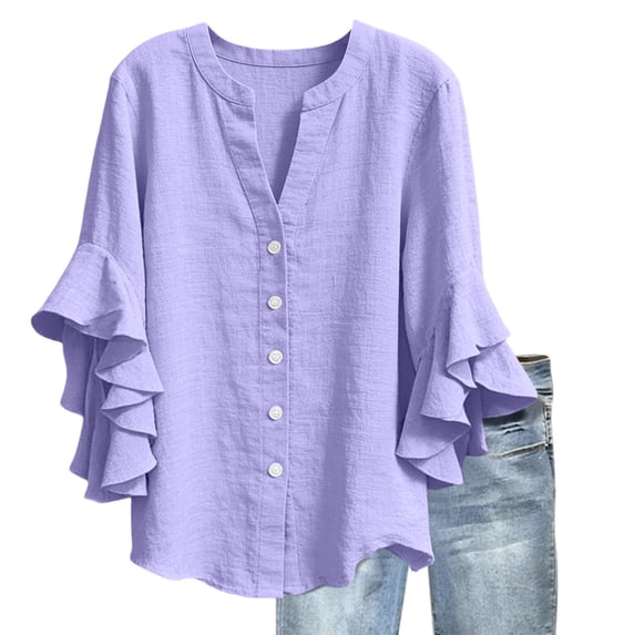 Tbopshirt Womens Blouses Summer Tops for Women 3/4 Ruffle Sleeve Button V Neck Blouse Printed Top Loose Fit Tunic Shirt,Purple