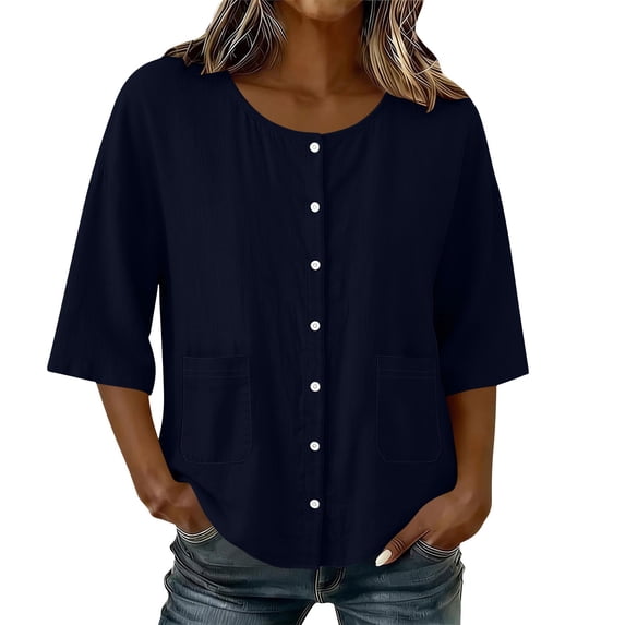 Tbopshirt Womens Blouses Summer Tops for Women 3/4-length Sleeve Color and Linen Button Fashion Top,Navy