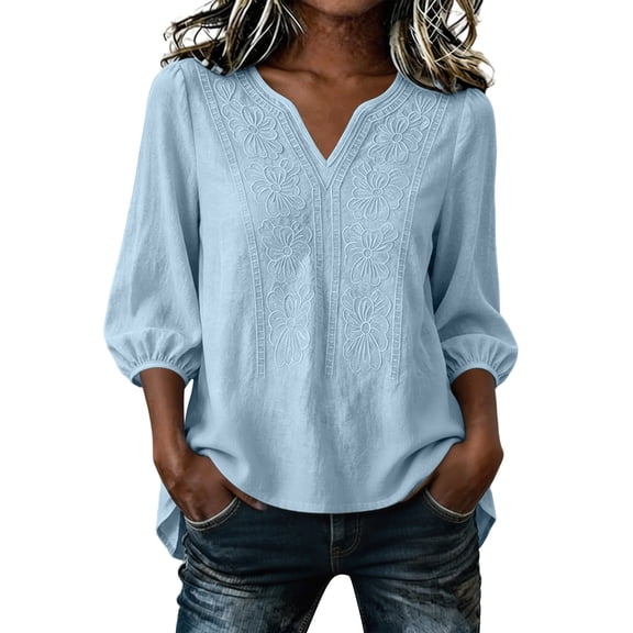 Tbopshirt Womens Blouses Summer Tops for Women Casual Loose Bohemian V-neck High and Low Hem Linen Embroidered Top,Blue