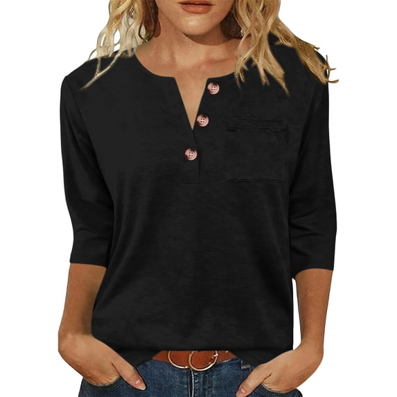 Tbopshirt Womens Blouses Summer Tops for Women Casual Relaxed Fashionable Button V-neck Short-sleeved Top,Black
