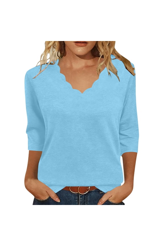 Womens Blouses Summer Tops for Women Casual Relaxed Fashionable Wave-shaped Neckline Short-sleeved Top,Blue