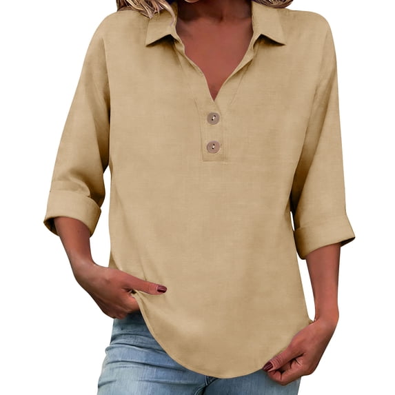 Tbopshirt Womens Blouses Summer Tops for Women Casual V Neck Button Down Shirt 3/4 Roll Up Sleeve Tunic Top Loose Fit Top,Khaki