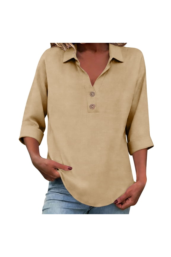 Womens Blouses Summer Tops for Women Casual V Neck Button Down Shirt 3/4 Roll Up Sleeve Tunic Top Loose Fit Top,Khaki