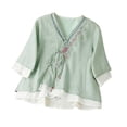 thumbnail image 1 of Tbopshirt Womens Blouses Summer Tops for Women Embroidered 3/4 Sleeve Blouses Button V-Neck Casual Fashionable Top,Green, 1 of 5