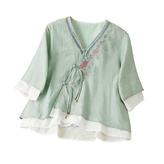 Tbopshirt Womens Blouses Summer Tops for Women Embroidered 3/4 Sleeve Blouses Button V-Neck Casual Fashionable Top,Green