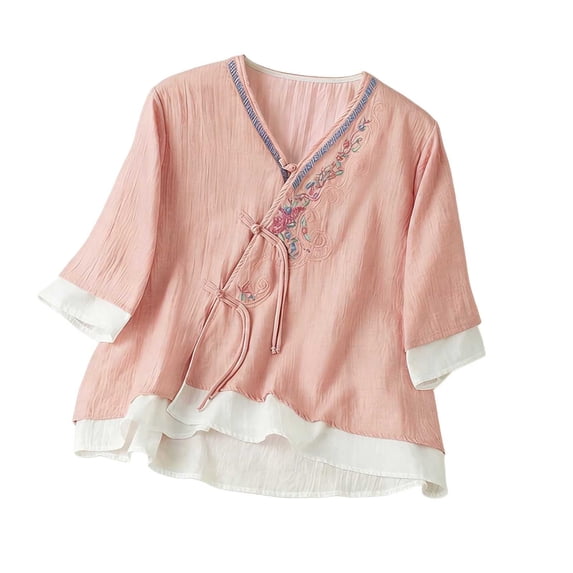 Tbopshirt Womens Blouses Summer Tops for Women Embroidered 3/4 Sleeve Blouses Button V-Neck Casual Fashionable Top,Pink