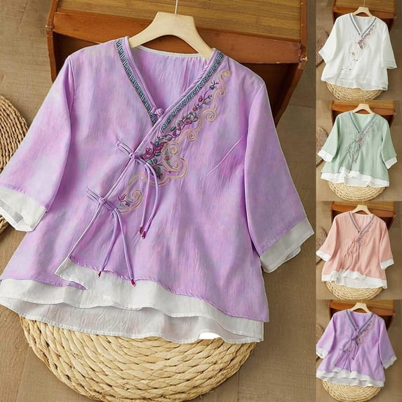 Tbopshirt Womens Blouses Summer Tops for Women Embroidered 3/4 Sleeve Blouses Button V-Neck Casual Fashionable Top,White