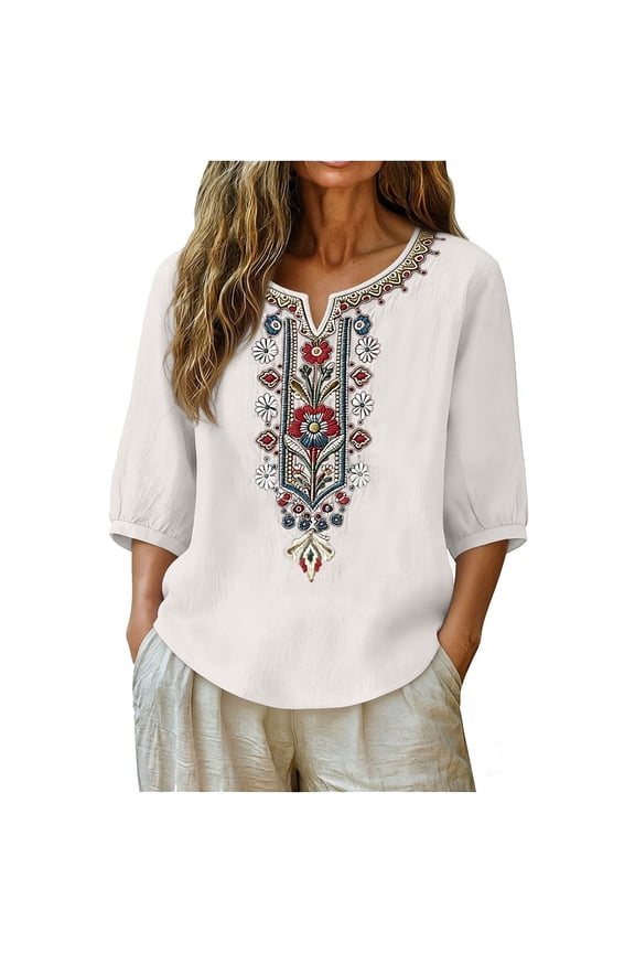 Womens Blouses Summer Tops for Women Embroidered Tops for Women 3/4 Sleeve Boho Linen Shirts Plus Size V Neck Tunic Peasant Clothes,White