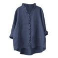 thumbnail image 1 of Tbopshirt Womens Blouses Summer Tops for Women Fashion Linen Ruffle Neck Button Down Blouse Long Sleeve Casual Top Shirt,Navy, 1 of 6