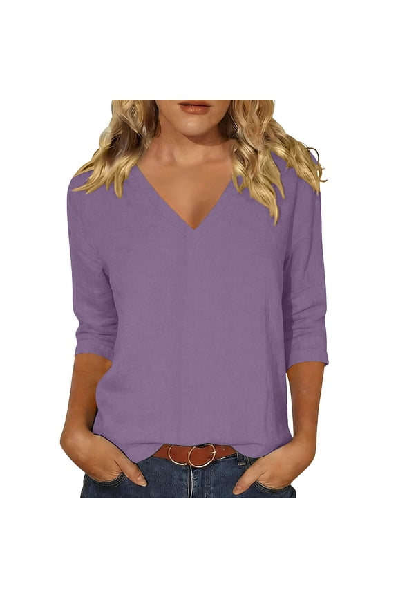 Womens Blouses Summer Tops for Women Fashion Shirt V Neck Regular Solid Color Top 3/4 Sleeve Shirt,Purple