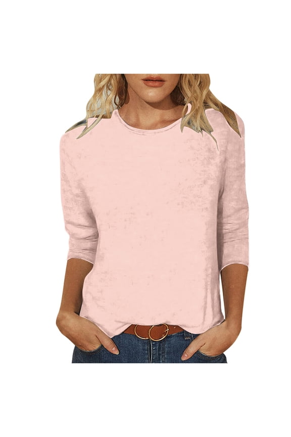 Womens Blouses Summer Tops for Women Fashion Solid Loose T-shirt 3/4 Sleeves Blouse Round Neck Casual,Pink